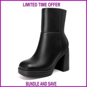 Platform Ankle Boots with Chunky Block Heel and Square Toe